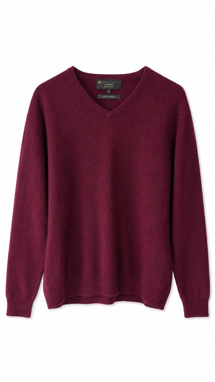 M&S Collection Luxury Men's Pure Cashmere V-Neck Sweater, Burgundy, Size XL